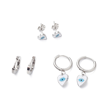 3 Pairs 3 Style Enamel Heart with Evil Eye Dangle Hoop Earrings, 304 Stainless Steel Stud Earrings for Women, Stainless Steel Color, 7~26mm, Pin: 1mm, 1 Pair/style