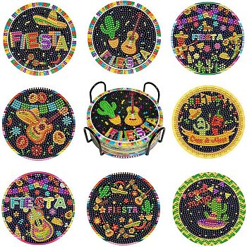 DIY Cinco de Mayo Carnival Theme Diamond Painting Wood Cup Mat Kits, Including Coster Holder, Resin Rhinestones, Diamond Sticky Pen, Tray Plate and Glue Clay, Mixed Color, Packaging: 130x126x80mm