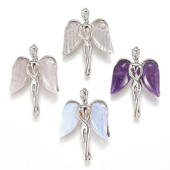 Natural & Synthetic Mixed Stone Pendants, with Brass Findings, Angel, Platinum, 34x23x8mm, Hole: 3x5mm