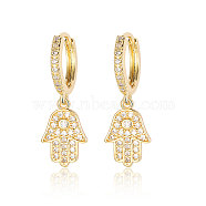 Brass Micro Pave Clear Cubic Zirconia Hoop Earrings, Hamsa Hand Dangle Earrings for Women, Real 18K Gold Plated, 29x9mm(EJEW-OY001-09G)