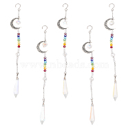 Alloy Moon Pendant Decorations, 7 Chakra AB Color Plated Glass Beaded Hanging Ornament, with Glass Cone & Star/Ice Flower/Heart Charm, Antique Silver, 280mm, 1pc/style, 5pcs/set, 1 set/bag(HJEW-CA0001-42)