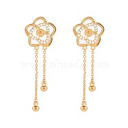 Brass Micro Pave Clear Cubic Zirconia Stud Earring Findings, for Half Drilled Beads, Nickel Free, Flower, Real 18K Gold Plated, 38.5x12.5mm, Pin: 0.6mm, pin: 0.7mm(for half drilled beads)(KK-S364-132)
