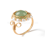 Natural Green Aventurine Finger Ring for Girl Women, Round Shell Pearl Beads Ring, Brass Wire Wrap Ring, Golden, US Size 7 3/4(17.9mm)(X1-RJEW-TA00012-1)