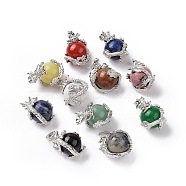Mixed Natural Gemstone Pendants, with Platinum Plated Brass Findings, Dragon with Round Beads, 31x18mm, Hole: 4mm(GP471)