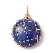 Natural Lapis Lazuli Dyed Copper Wire Wrapped Pendants, Half Round/Dome Charms, Golden, 30.5x21x8mm, Hole: 4.7mm(PALLOY-JF02436-03)
