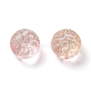 Transparent Glass Beads, Flat Round with Flower, Pink, 13.5x8.5mm, Hole: 1.2mm, about 10pcs/bag(GLAA-D007-02B)