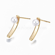 Brass Stud Earring Findings, for Half Drilled Beads, with White ABS Plastic Imitation Pearl, Nickel Free, Real 18K Gold Plated, 14.5x2.5mm, Pin: 0.7mm, Pin: 0.6mm(for half drilled beads)(KK-S356-133G-NF)