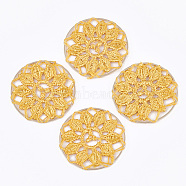 Polycotton(Polyester Cotton) Woven Pendant Decorations, with Brass Findings, Flat Round with Flower, Light Gold, Gold, 35x1mm(X-FIND-Q078-12H)