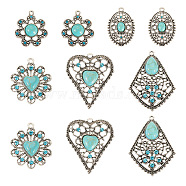 10Pcs 5 Styles Synthetic Turquoise Dyed Pendants, with Alloy Rhinestone Findings, Lead Free & Cadmium Free, Antique Silver, 29.5~47x22.5~38x6~7.5mm, Hole: 2~2.2mm, 2pcs/style(FIND-TA0003-28)