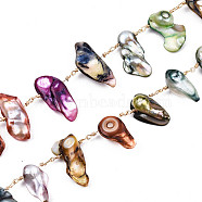 Handmade Natural Freshwater Pearl Beaded Chains, Unwelded, with Golden Plated Brass Findings, Dyed, with Spool, Colorful, 15.5~21x8.5~13x4~8.5mm, about 16.4 Feet(5m)/roll(CHC-T014-03)