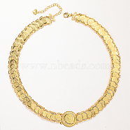 Brass Flat Round Link Chain Necklace, Real 18K Gold Plated, 17.72 inch(45cm)(CU2366)