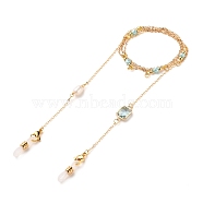 Eyeglasses Chains, Neck Strap for Eyeglasses, with Brass Cable Chains, Natural Pearl Beads, Glass Beads, 304 Stainless Steel Lobster Claw Clasps and Rubber Loop Ends, Real 18K Gold Plated, Pale Turquoise, 31.57 inch(80.2cm)(AJEW-EH00248-01)