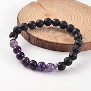 Natural Lava Rock Beaded Stretch Bracelets, with Amethyst Beads and Brass Findings, Platinum, 58mm(BJEW-JB02184-04)