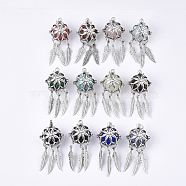 Alloy Cage Big Pendants, Hollow Round, with Synthetic Mixed Stone Round Beads, Antique Silver, Woven Net/Web with Feather, Mixed Color, 57~58x24x22mm, Hole: 8.5x3.5mm, Inner Diameter: 17mm, Bead: 15.5~16mm(G-S246-19)