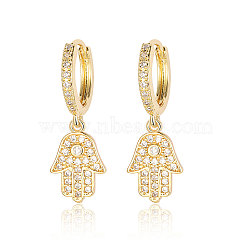 Brass Micro Pave Clear Cubic Zirconia Hoop Earrings, Hamsa Hand Dangle Earrings for Women, Real 18K Gold Plated, 29x9mm(EJEW-OY001-09G)