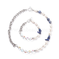 Natural Lapis Lazuli & Pearl & Synthetic Moonstone Beaded Necklace and Bracelet, Gemstone Jewelry Set for Women, 7-7/8 inch(20cm), 16-3/4 inch(42.5cm)(SJEW-TA00005)