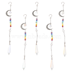Alloy Moon Pendant Decorations, 7 Chakra AB Color Plated Glass Beaded Hanging Ornament, with Glass Cone & Star/Ice Flower/Heart Charm, Antique Silver, 280mm, 1pc/style, 5pcs/set, 1 set/bag(HJEW-CA0001-42)