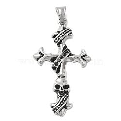 304 Stainless Steel Pendants, with 201 Stainless Steel Pendant Bails and Rhinestone, Cross with Skull, Gunmetal, 58x33x5mm, Hole: 8x5mm(STAS-D110-54BP)