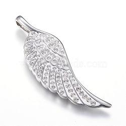 316 Surgical Stainless Steel Big Pendants, with Polymer Clay Rhinestones, Wing, Crystal, 51.5x16x6mm, Hole: 3x7mm(STAS-P114-08P)