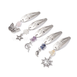 Iron Snap Hair Clips, with Natural Gemstone Chip Beads and Alloy Pendants for Woman Girls, Moon/Star/Sun/Butterfly, Antique Silver & Platinum, 87~98mm(PHAR-JH00086)