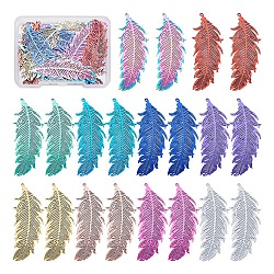 40Pcs 10 Colors 201 Stainless Steel Filigree Pendants, Etched Metal Embellishments, Feather, Mixed Color, 47x19x0.3mm, Hole: 1.2mm, 4pcs/color(STAS-TA0001-92)