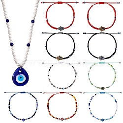 Evil Eye Jewelry Set, 9Pcs Braided Bead Bracelets Set with Hamsa Hand and 1Pc Pendant Necklace for Women Adjustable Nylon Cord Braided Bead Bracelets, Lampwork Teardrop with Evil Eye Pendant Necklaces, Mixed Color, 2~3-1/8 inch(5~8cm), 18.5 inch(47cm)(DIY-SZ0008-31)