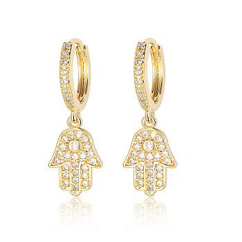 Brass Micro Pave Clear Cubic Zirconia Hoop Earrings, Hamsa Hand Dangle Earrings for Women, Real 18K Gold Plated, 29x9mm