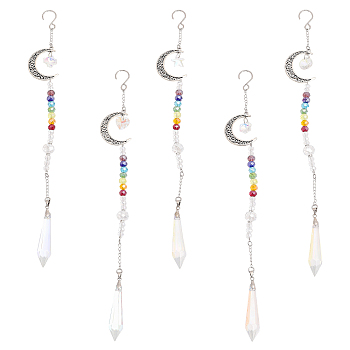 Alloy Moon Pendant Decorations, 7 Chakra AB Color Plated Glass Beaded Hanging Ornament, with Glass Cone & Star/Ice Flower/Heart Charm, Antique Silver, 280mm, 1pc/style, 5pcs/set, 1 set/bag