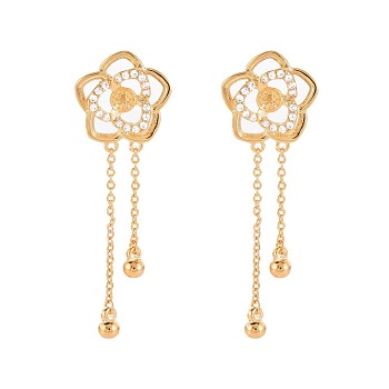 Brass Micro Pave Clear Cubic Zirconia Stud Earring Findings, for Half Drilled Beads, Nickel Free, Flower, Real 18K Gold Plated, 38.5x12.5mm, Pin: 0.6mm, pin: 0.7mm(for half drilled beads)