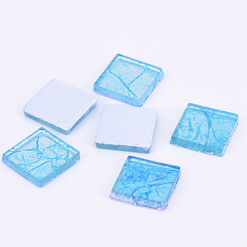 Glass Cabochons, Gold Foil Mosaic Tile, for Home Decoration or DIY Crafts, Square, Sky Blue, 20x20x4mm