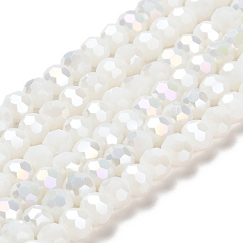 Opaque Glass Beads Stands, AB Color, Faceted(32 Facets), Round, White, 6x5.5mm, Hole: 1.2mm, about 91~93pcs/strand, 19.49~19.92 nch(49.5~50.6cm)