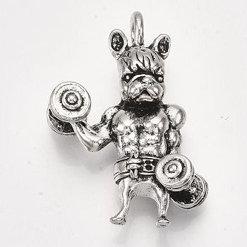 Alloy Bodybuilder Puppy Pendants, Muscle Dog, Antique Silver, 42x30x12mm, Hole: 5mm
