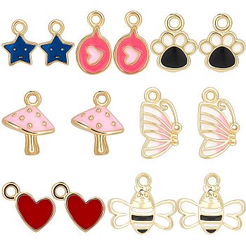 14Pcs 7 Style Brass Enamel Pendants, Long-Lasting Plated, Cadmium Free & Lead Free, Real 18K Gold Plated, Mushroom & Butterfly & Bees & Star, Mixed Color, 6.5~11x5~10x1.5~3.5mm, Hole: 1~1.2mm, 2pcs/style