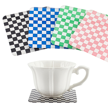4Pcs 4 Colors Retro Acrylic Cup Mats, Square with Chessboard Pattern Coasters, Mixed Color, 100x100x3.5mm, 1pc/color