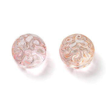 Transparent Glass Beads, Flat Round with Flower, Pink, 13.5x8.5mm, Hole: 1.2mm, about 10pcs/bag
