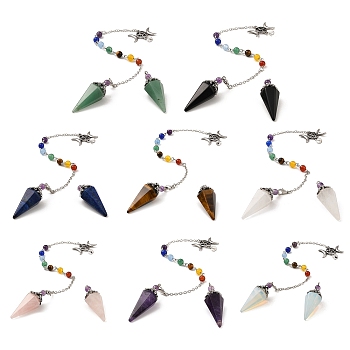 Mixed Gemstone Pointed Dowsing Pendulums, with Alloy Triple Moon Pentacles, Lead Free & Cadmium Free, Hexagonal Cone Charm, 263~266mm