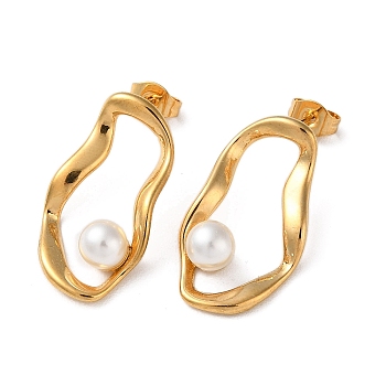 Twist Oval Ion Plating(IP) 304 Stainless Steel Stud Earrings, with Plastic Pearl, Real 18K Gold Plated, 25.5x14mm