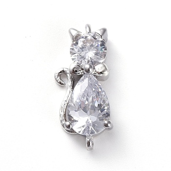 Brass Micro Pave Cubic Zirconia Kitten Links connectors, Cat, Clear, Platinum, 18x8x5mm, Hole: 1.2mm