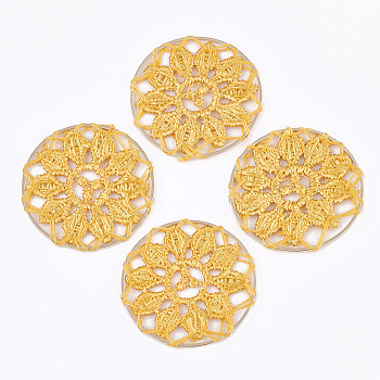 Polycotton(Polyester Cotton) Woven Pendant Decorations, with Brass Findings, Flat Round with Flower, Light Gold, Gold, 35x1mm