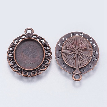Tibetan Style Pendant Cabochon Settings, Lead Free & Nickel Free, Oval, Red Copper, 30x21x2mm, Hole: 2mm, Tray: 18x13mm