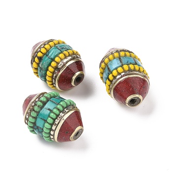 Handmade Tibetan Style Beads, with Brass Findings and Synthetic Turquoise, Oval, Antique Silver, Mixed Color, 19~21.5x13~13.5mm, Hole: 1.6mm