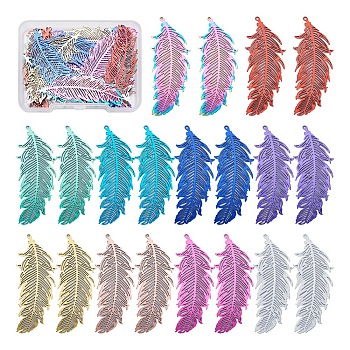 40Pcs 10 Colors 201 Stainless Steel Filigree Pendants, Etched Metal Embellishments, Feather, Mixed Color, 47x19x0.3mm, Hole: 1.2mm, 4pcs/color