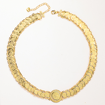 Brass Flat Round Link Chain Necklace, Real 18K Gold Plated, 17.72 inch(45cm)