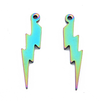 Ion Plating(IP) 201 Stainless Steel Pendants, Lightning Bolt, Rainbow Color, 32.5x7x1.5mm, Hole: 1.6mm
