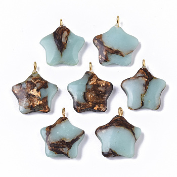 Assembled Synthetic Imperial Jasper and Bronzite Pendants, with Golden Tone Iron Loop, Dyed, Star, Light Blue, 23~24x21x5mm, Hole: 2mm