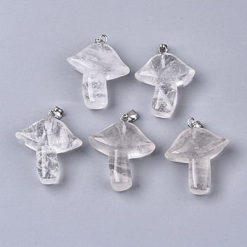 Natural Quartz Crystal Pendants, with Stainless Steel Snap On Bails, Mushroom, Stainless Steel Color, 27.5~28.5x23~25x9.5~10.5mm, Hole: 3x5mm