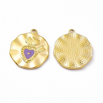Vacuum Plating 201 Stainless Steel Enamel Pendants, Real 18K Gold Plated, Flat Round with Sacred Heart Charm, Lilac, 22x19.5x1.7mm, Hole: 1.3mm