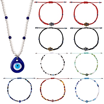 Evil Eye Jewelry Set, 9Pcs Braided Bead Bracelets Set with Hamsa Hand and 1Pc Pendant Necklace for Women Adjustable Nylon Cord Braided Bead Bracelets, Lampwork Teardrop with Evil Eye Pendant Necklaces, Mixed Color, 2~3-1/8 inch(5~8cm), 18.5 inch(47cm)