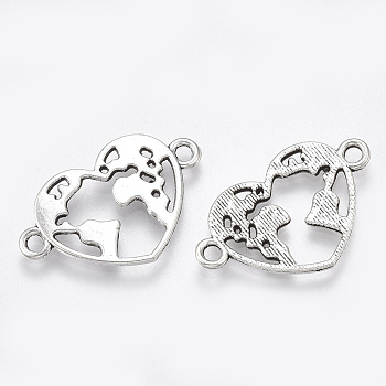 Tibetan Style Alloy Links connectors, Cadmium Free & Lead Free,, Heart with Map, Antique Silver, 15x24x1.5mm, Hole: 1.8mm, about 1050pcs/1000g