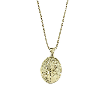 201 Stainless Steel Pendant Necklaces, Oval with Jesus, Real 18K Gold Plated, 23.46 inch(59.6cm)